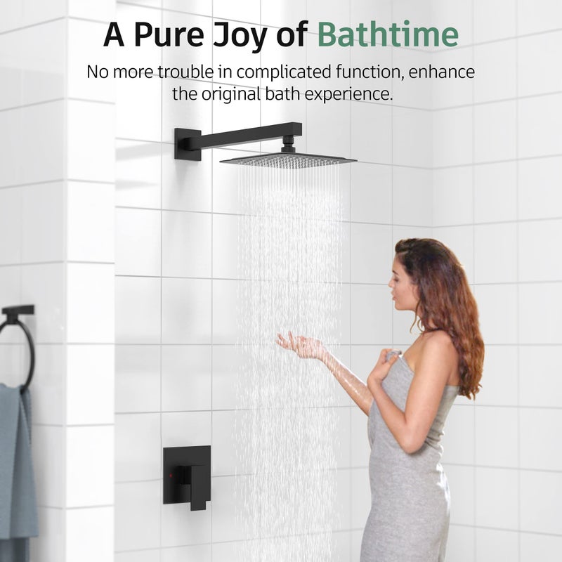 SunCleanse Matte Black Shower Faucet Set with Valve, 8 Inch Square Shower Head and Handle Set, Single Handle Shower Trim Kit with Extra Long Shower Arm - Image 2